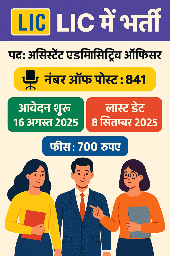 LIC AAO Recruitment 2025 Poster in Hindi – उम्मीदवारों की फोटो सहित, LIC Assistant Administrative Officer (AAO) भर्ती की पूरी जानकारी, जैसे योग्यता, आयु सीमा, आवेदन प्रक्रिया और महत्वपूर्ण तिथियां।
