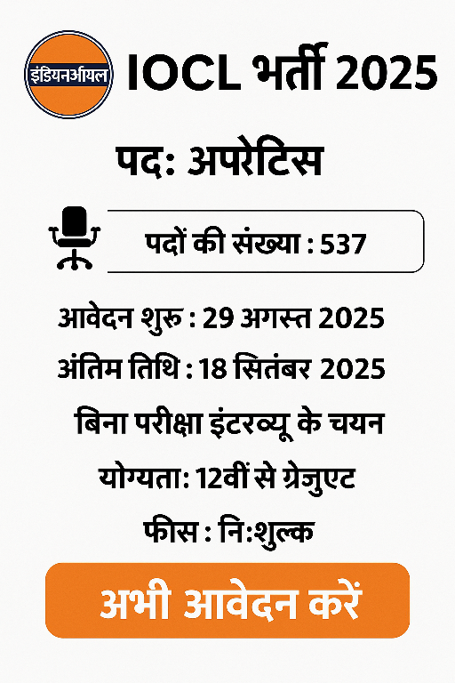 IOCL Recruitment 2025 Notification – 537 Apprentice Vacancies, Apply Online, No Exam
