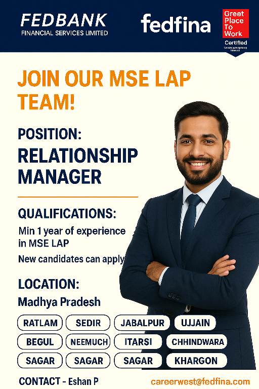 Fedfina Relationship Manager Recruitment 2025 Madhya Pradesh job advertisement poster featuring a professional male candidate with job details, qualifications, and locations.