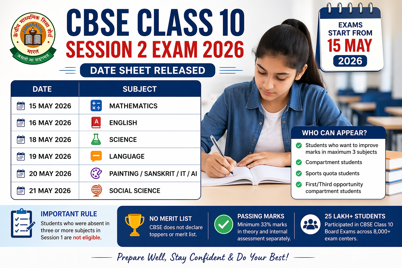 CBSE Class 10th Session 2 Exam 2026 Date Sheet Released 3 सब्जेक्ट में अनुपस्थित छात्र नहीं दे सकेंगे एग्जाम