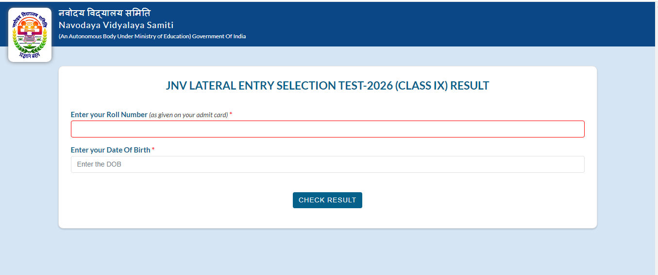 JNV Class 9 Result 2026 Out- Check Lateral Entry Scores